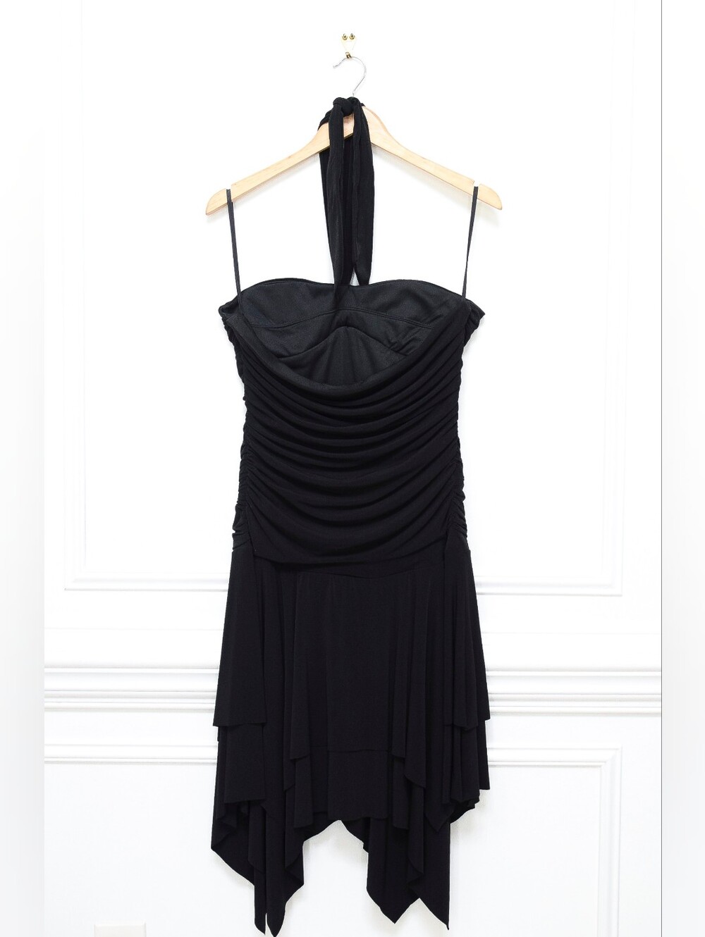 Vintage Black Asymmetrical Halter Dress Ruched Drop Waist Size 16 Y2K 90s Hoco - Picture 5 of 9